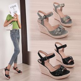 Dress Shoes RYAMAG Women's Sandals Wedge Heel Platform Wedges Buckle High Straw Rope Sole Bow