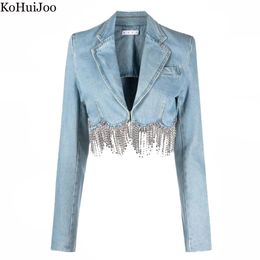 Women's Jackets KoHuiJoo Spring Summer Rhinestone Denim Coat Women Long Sleeve Slim Short Jacket Retro Distress Fashion Tassel Jackets Ladies 231130