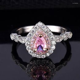 Cluster Rings QWomen Silver Colour Ring Trend Pink Crystal Pear Shaped Luxury Engagement Wedding Bridal Jewellery