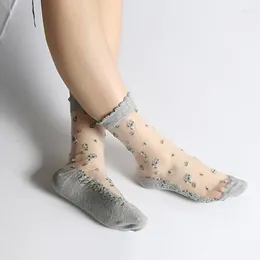 Women Socks 1 Pair Womens Summer Elastic Crystal Ice Silk Short Jacquard Roses Floral Embroidered Ultrathin Transparent Thin