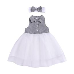 Girl Dresses Emmababy Summer 2Pcs Kids Dress Stripes Splicing Turn-Down Collar Sleeveless Jumper Skirt Bow Headband For Little Girls