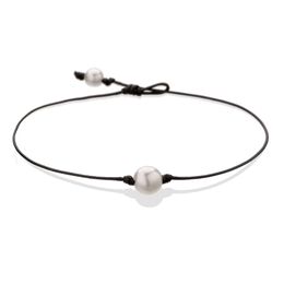 Pearl Single Cultured Freshwater Pearls Necklace Choker for Women Genuine Leather Jewellery Handmade Black 14 inches205P