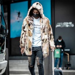 Men's Fur Faux Winter Men Coat Leopard Hooded Jacket Grey Yellow White Patchwork Fluffy Thick Warm Overcoat 2023 231129