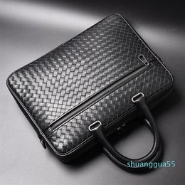 Men Bags Mini Briefcase Handbags Leather Laptop Bag Cowskin Genuine Leather Woven Commercial Business Men's Bags224a