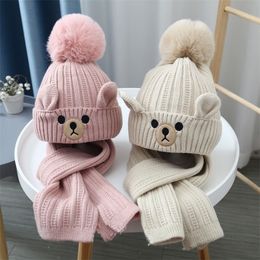 Caps Hats Winter Children's Boys Girls Warm Hat Scarf Set Baby Plush Hat Cute CARTOON Bear Pullover Knitted Hat SOFT Comfortable Scarf 231129