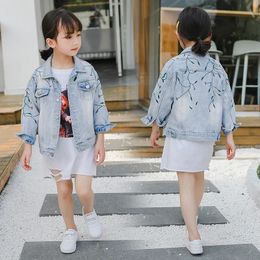 Down Coat Girls Ripped Denim Jacket Fall Korean Embroidered Children's All-match Jackets Kids Fashion Toddler Trendy Clothing 231130