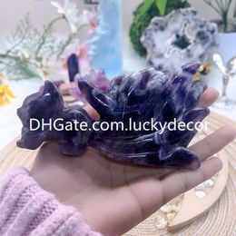 Natural Dream Amethyst Quartz Crystal Nine-tailed Fox Decorative Collectible Animal Charming Fluorite Gemstone Skull Statue Figuirne Sculpture Attracting Love