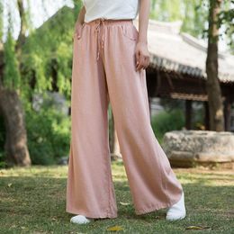 Ethnic Clothing 2023 Summer Spinning Cotton Linen Pants Chinese Traditional Style Bottoms Vintage Zen Trousers Casual Wide-leg For Women