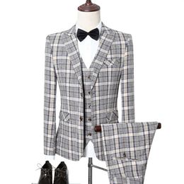 Men's Suits Blazers Men Wedding Elegance Plaid 3 Pieces Suit Coat Trousers Set / Male Business Casual Tuxedo Formal Blazers Jacket Pants Vest 231127