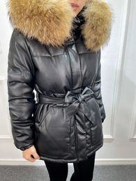 Womens Trench Coats Janveny Waterproof Winter Leather Jacket Women Thick Motorcycle Coat With Belt Faux PU Leather Female Parkas Real Raccoon Fur 231129