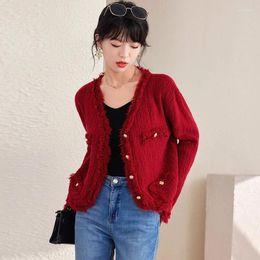 Women's Knits Red Sweater Jacket Autumn Winter Women Elegant Chic Loose Tassel Long Sleeve V-neck Single Breasted Knitwear Knit Cardigan