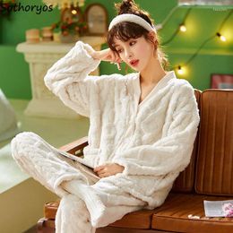 Women's Sleepwear Winter Flannel Pajama Sets Women V-neck Warm Thicken Korean Fashion Coral Fleece Pyjamas Lounge Solid Plush Sweet Chic