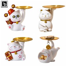 Decorative Objects Figurines Lucky Cute Kawaii Cat Figurine Money Box Storage Tray Snack Food Holder Wealth Fortune Sculpture Desk Decoration Gifts 231130