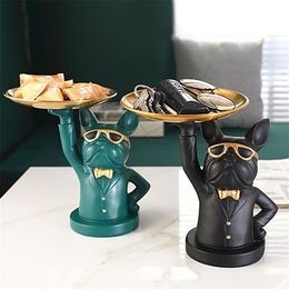 Nordic French Bulldog Sculpture Dog Figurine Statue Key Jewellery Storage Table Decoration Gift With Plate Glasses Drop 210924166I