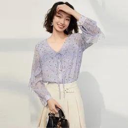 Women's Blouses Silk Blouse Casual Style Floral Printed Lace Up V Neck Buckle Long Sleeves Office Tops Elegant Fashion