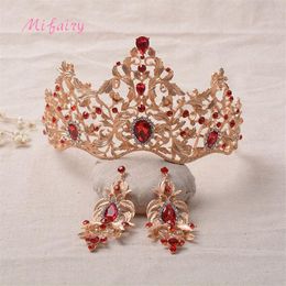 Vintage Baroque Bridal Tiaras Sets Gold Red Crystals Princess Headwear Stunning White Diamonds Wedding Tiaras And Crowns Sets 15 1210K