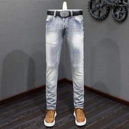 Men's Jeans Italian Style Fashion Men Retro Light Blue Stretch Slim Fit Ripped Buttons Vintage Designer Denim Pants