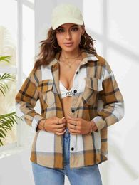 Women's Blouses Shirts New Lapel Plaid Womens Spring Autumn Single Breasted Brushed Long Sleeve Streetwear Girlsyolq