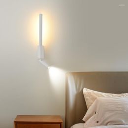 Wall Lamp 7W LED COB Reading Light Tubular Mounted Fixture 360° Rotatable Bedside Spotlight Push Switch Aluminum Bedroom 3000K