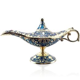 22cm Elegant Vintage Metal Carved Aladdin Lamp Light ing Tea Oil Pot Decoration Figures Saving Collection Arts Craft Gift 211029292o