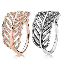 Rose gold glitter light feather ring women hollow leaves retro Wedding finger items with Original Box for pan W163210R