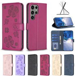 Lucky Flower Leather Wallet Cases For Samsung S24 Ultra S23 FE Plus A15 A05 A05S A25 A24 A34 A54 A14 A13 A73 A33 A53 S22 Four-leaf Clover ID Card Slot Holder Flip Cover Pouch