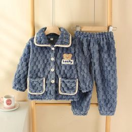 Rompers Kids Boys Girls Autumn Winter Flannel Thicken Pyjamas Baby Cartoon Long Sleeve Lapel Tops with Pants Sleeping Clothing Sets 231130