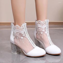 Boots Women's Leather Lace Flowers Net Surface Cool Thick Heels And High Fishmouth Sandals Sexy Single Women.