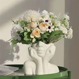 Nordic Style Flower Vase Women Body Half Face Flower Pot Vase Ceramic Art Crafts Bedroom Living Room Desktop Decoration 220809214T