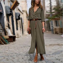 Casual Dresses 2023 Autumn Fashion Women Long Sleeve Shirt Dress Belt Loose Maxi Large Swing Blouse Turn Down Collar Ladies