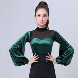 Stage Wear Sexy Women Latin Dancing Clothes Tops Velvet Long Sleeve Modern Waltz Ballroom Dance Leotard Practise Costumes