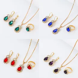 Pendant Necklaces Luxury Women Necklace Earrings Set Fashion Water Drop Ruby Gemstone Crystal Choker Charm Girl Gift Party Accessories