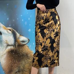 Women's Leather Autumn And Winter Gold Large Flower Flocking Printing Sheepskin High Waist Buttocks Split Long Skirt