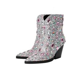 Boots 2023 Women s Pure Hand Inlaid Short European and American Fashion Crystal Coloured Full Diamond Pointed 231130