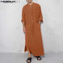 Men's Robes 2023 Men Jubba Thobe Kaftan Solid V Neck Long Sle Vintage Robes Arabic Islamic Caftan Men Cotton Casual Abaya S-5XL L231130