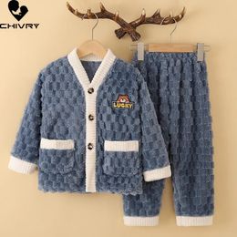 Pyjamas Kids Autumn Winter Flannel Thicken Warm Pyjamas Baby Boys Girls Cartoon Bear V-neck Tops with Pants Sleeping Clothing Sets 231129