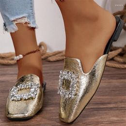 Slippers 2023 Autumn Women Flats Mules Shoes Crystal Luxury Designer Square Toe Casual Flip Flops Home Trend Mujer Zapatos