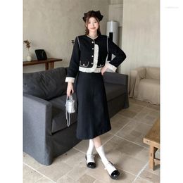 Work Dresses Women Elegant Cotton Two-piece Set Autumn Winter Spliced Sith Wooden Ears Jacket Tops And Skirt Female Large Size Black Suits