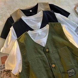 Men's Vests Japanese Fashion V-neck Casual Summer Vest Men's Sleeveless Cargo Jacket Male Solid Wild Vintage Waistcoat Single-breasted