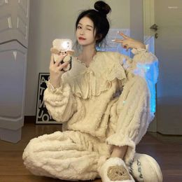 Women's Sleepwear Lace Women Pyjamas Set For 2 Pieces Fleece Korean Suit Fashion Winter Piiama V-neck Ruffles Night Wears Pyjamas