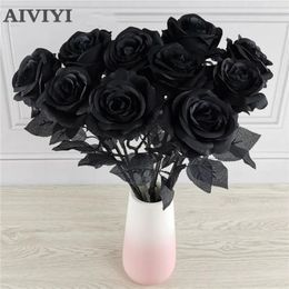 Dried Flowers 5pcs 89cm Silk Black Rose Artificial Flower Head Bouquet Home Living Room Wedding Chritmas Decoration Year 231130