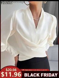 Women's Blouses Shirts 2023 New Waisted Short Tops ZANZEA Fashion Wrapped Blouses Women Elegant Long Cuff Puff Sle V Neck Blusas Irregular ShirtsL231130