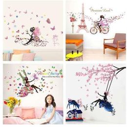 Butterfly Flower Fairy Wall Stickers for Kids Rooms Bedroom Decor Diy Cartoon Wall Decals Mural Art PVC Posters Children's Gi229o