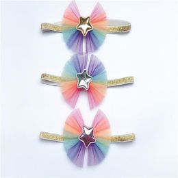 Boutique ins 15pcs Fashion Cute Glossy PU Star Bow Headbands Rainbow Mesh Bowknot Glitter Soft Hairbands Princess Headwear12681