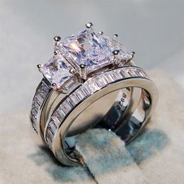 Victoria Wieck choucong Brand New Couple 2PCS Rings Luxury Jewellery 925 Sterling Silver Three Stone Princess Cut CZ Diamond Topaz W320m