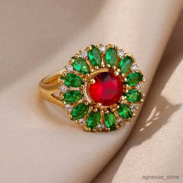 Band Rings Luxury Green Cubic Zirconic Sunflower Rings For Women Gold Plated Enagement Wedding Ring Female Jewelry Ladies Gifts R231130