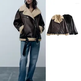 Women's Jackets 2023 Winter Coats Women Streetwear Faux Lamb Leather Fur Short Jacket With Belt Thick Warm Sheepskin Coat