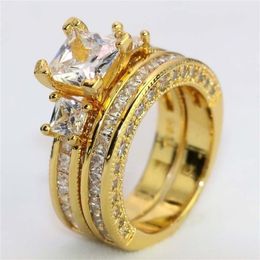 Couple Rings - Men's Double Row Zircon Stainless Steel Rings Women's 18K Yellow Gold Filled White Sapphire Diamond Ring244B
