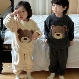 Pyjamas Autumn Winter Baby Fleece Cartoon Pyjamas Suit Boy Girl Children Thick Warm Tops Solid Pants 2pcs Kid Plus Velvet Pyjamas Set 231129