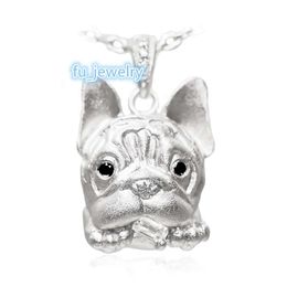 Designer Fine Jewellery Rhodium Plated Solid 925 Sterling Silver Black Moissanite Puppy Bulldog Dog Pendant Necklace For Women